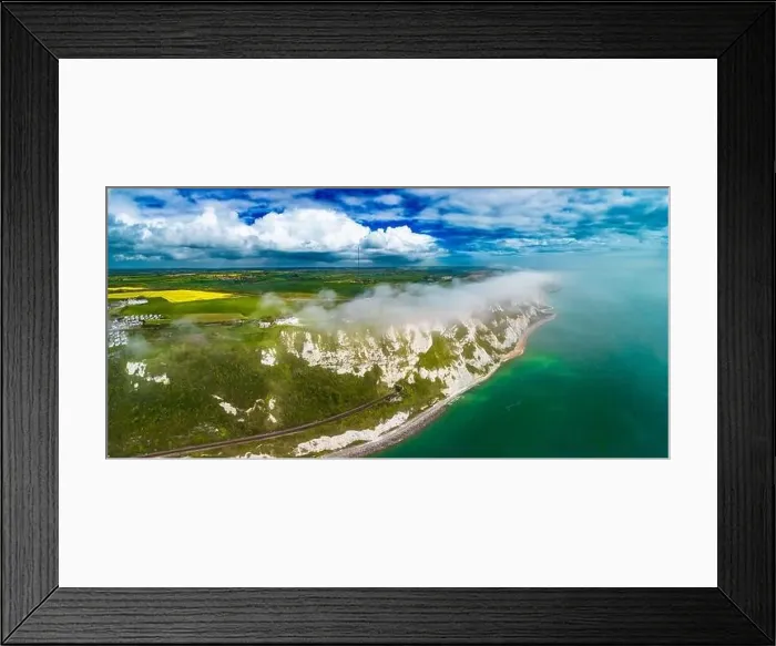 Framed Print : Scenic aerial drone view of Samphire Hoe Country Park with white cliffs, Dover, south England Framed Print : Scenic aerial drone view of Samphire Hoe Country Park with white cliffs, Dover, south England