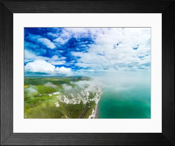 Framed Print : Scenic aerial drone view of Samphire Hoe Country Park with white cliffs, Dover, south England Framed Print : Scenic aerial drone view of Samphire Hoe Country Park with white cliffs, Dover, south England