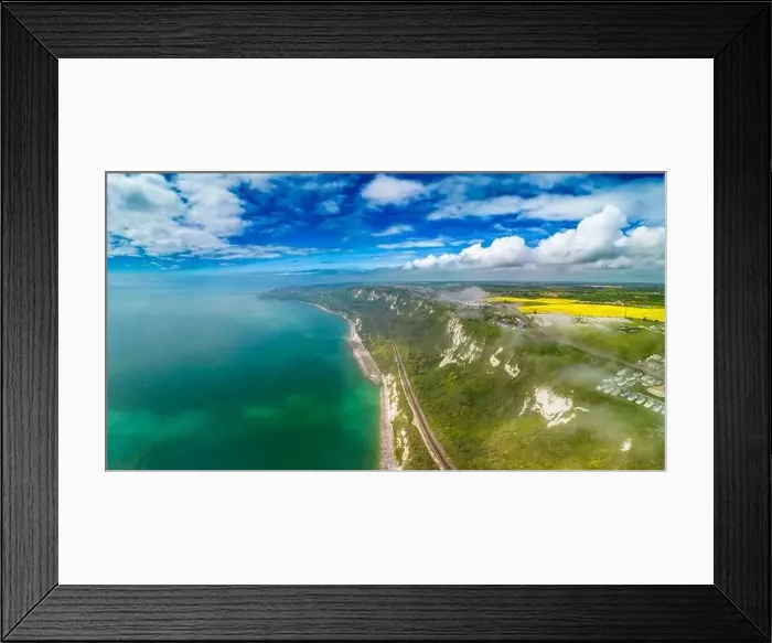 Framed Print : Scenic aerial drone view of Samphire Hoe Country Park with white cliffs, Dover, south England