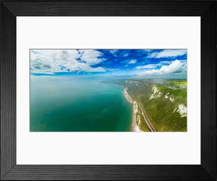 Framed Print : Scenic aerial drone view of Samphire Hoe Country Park with white cliffs, Dover, south England Framed Print : Scenic aerial drone view of Samphire Hoe Country Park with white cliffs, Dover, south England