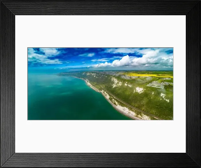 Framed Print : Scenic aerial drone view of Samphire Hoe Country Park with white cliffs, Dover, south England Framed Print : Scenic aerial drone view of Samphire Hoe Country Park with white cliffs, Dover, south England