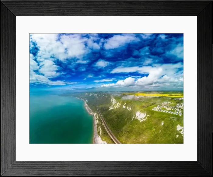 Framed Print : Scenic aerial drone view of Samphire Hoe Country Park with white cliffs, Dover, south England Framed Print : Scenic aerial drone view of Samphire Hoe Country Park with white cliffs, Dover, south England
