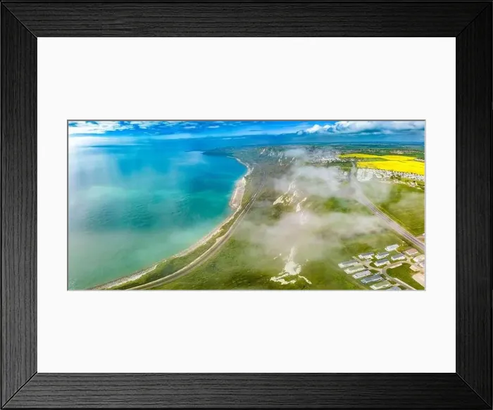 Framed Print : Scenic aerial drone view of Samphire Hoe Country Park with white cliffs, Dover, south England Framed Print : Scenic aerial drone view of Samphire Hoe Country Park with white cliffs, Dover, south England