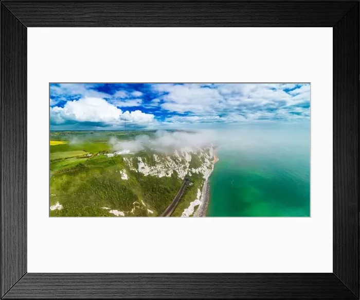 Framed Print : Scenic aerial drone view of Samphire Hoe Country Park with white cliffs, Dover, south England