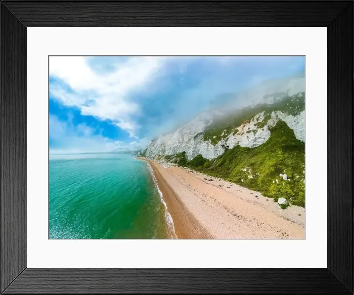 Framed Print : Scenic aerial drone view of Samphire Hoe Country Park with white cliffs, Dover, south England