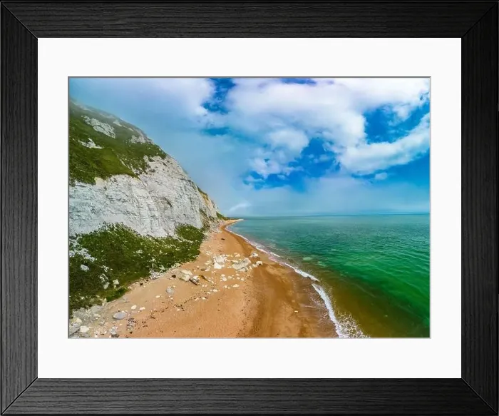 Framed Print : Scenic aerial drone view of Samphire Hoe Country Park with white cliffs, Dover, south England Framed Print : Scenic aerial drone view of Samphire Hoe Country Park with white cliffs, Dover, south England