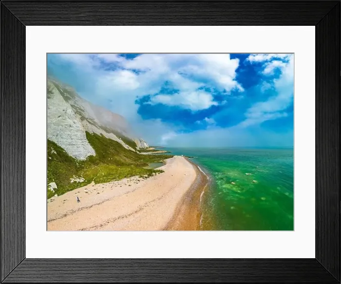 Framed Print : Scenic aerial drone view of Samphire Hoe Country Park with white cliffs, Dover, south England Framed Print : Scenic aerial drone view of Samphire Hoe Country Park with white cliffs, Dover, south England