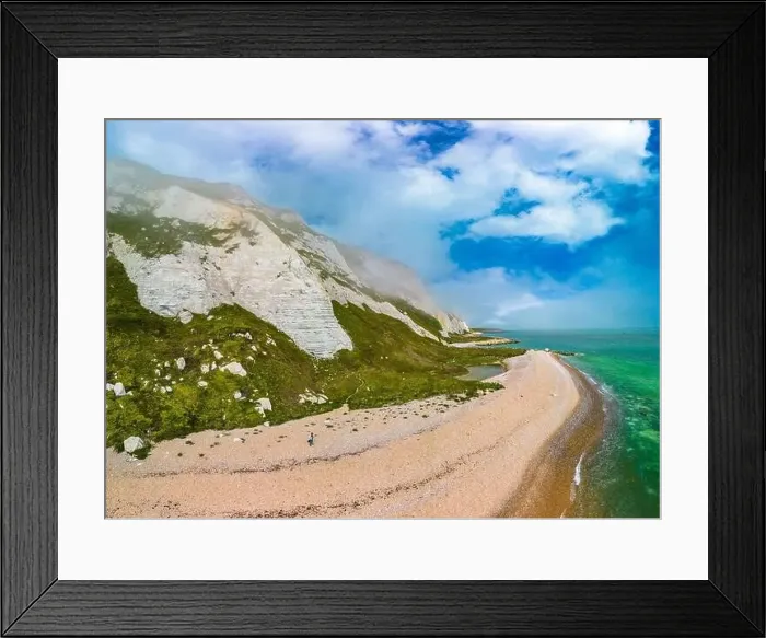 Framed Print : Scenic aerial drone view of Samphire Hoe Country Park with white cliffs, Dover, south England Framed Print : Scenic aerial drone view of Samphire Hoe Country Park with white cliffs, Dover, south England