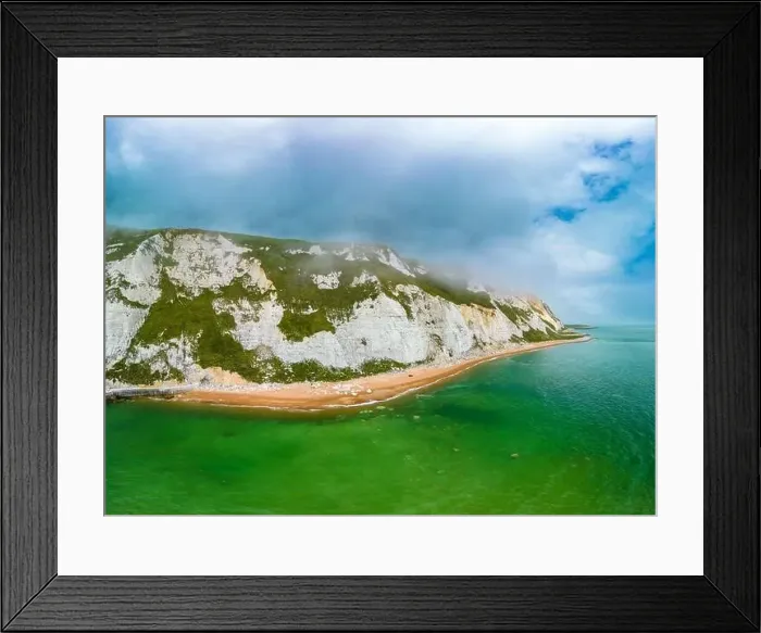 Framed Print : Scenic aerial drone view of Samphire Hoe Country Park with white cliffs, Dover, south England Framed Print : Scenic aerial drone view of Samphire Hoe Country Park with white cliffs, Dover, south England
