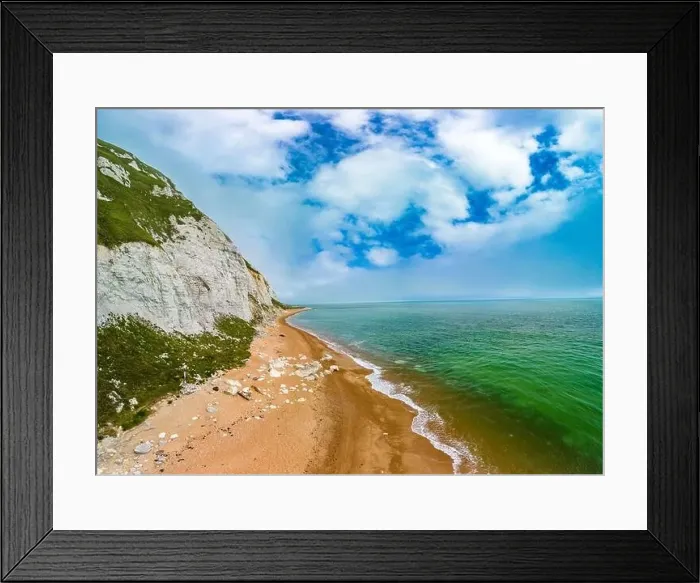 Framed Print : Scenic aerial drone view of Samphire Hoe Country Park with white cliffs, Dover, south England Framed Print : Scenic aerial drone view of Samphire Hoe Country Park with white cliffs, Dover, south England
