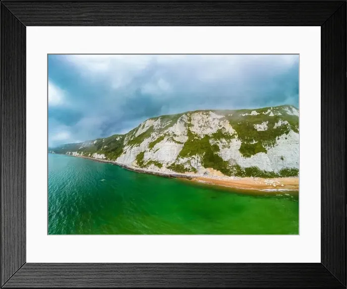 Framed Print : Scenic aerial drone view of Samphire Hoe Country Park with white cliffs, Dover, south England Framed Print : Scenic aerial drone view of Samphire Hoe Country Park with white cliffs, Dover, south England