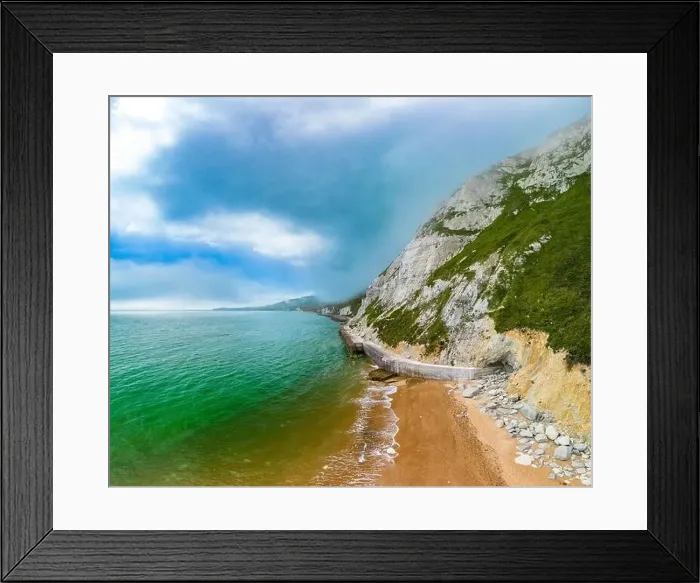 Framed Print : Scenic aerial drone view of Samphire Hoe Country Park with white cliffs, Dover, south England