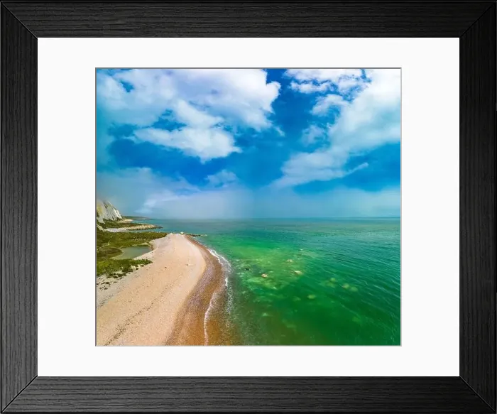 Framed Print : Scenic aerial drone view of Samphire Hoe Country Park with white cliffs, Dover, south England Framed Print : Scenic aerial drone view of Samphire Hoe Country Park with white cliffs, Dover, south England