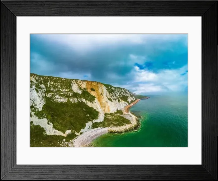 Framed Print : Scenic aerial drone view of Samphire Hoe Country Park with white cliffs, Dover, south England Framed Print : Scenic aerial drone view of Samphire Hoe Country Park with white cliffs, Dover, south England