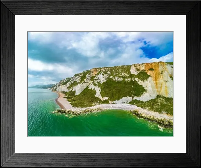 Framed Print : Scenic aerial drone view of Samphire Hoe Country Park with white cliffs, Dover, south England Framed Print : Scenic aerial drone view of Samphire Hoe Country Park with white cliffs, Dover, south England