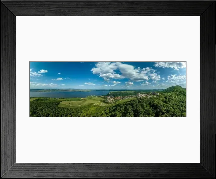 Framed Print : Aerial view of Devicky castle Dívčí Hrady in Southern Bohemia above the vineyards of Pavlov with well preserved