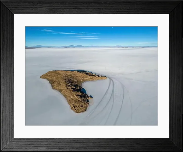 Framed Print : Aerial view of Isla Incahuasi, an island in the middle of the biggest salt lake in the world