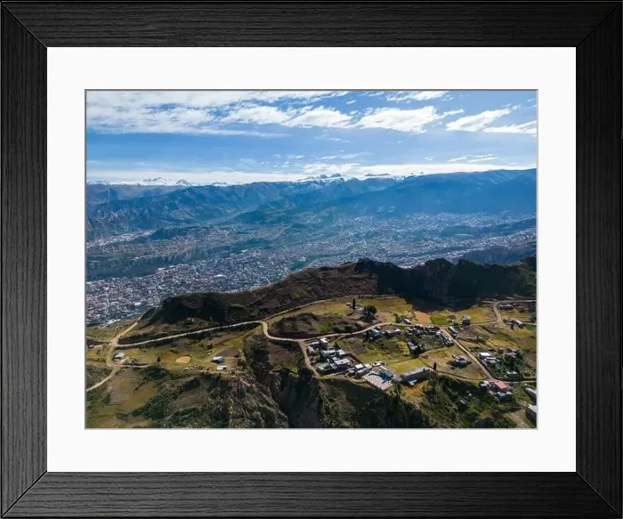 Framed Print : Aerial view from the impressive landmark Muela del Diablo over the mountains down into the valley with the cities La Framed Print : Aerial view from the impressive landmark Muela del Diablo over the mountains down into the valley with the cities La