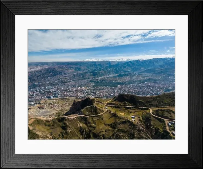 Framed Print : Aerial view from the impressive landmark Muela del Diablo over the mountains down into the valley with the cities La Framed Print : Aerial view from the impressive landmark Muela del Diablo over the mountains down into the valley with the cities La