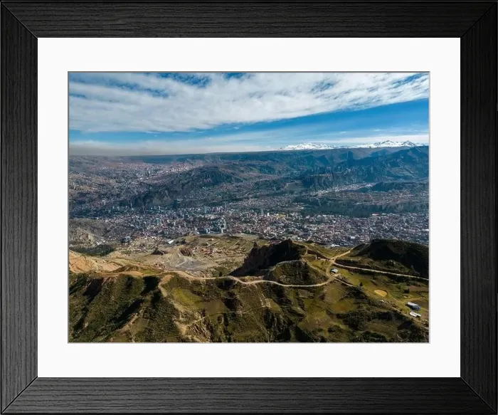Framed Print : Aerial view from the impressive landmark Muela del Diablo over the mountains down into the valley with the cities La Framed Print : Aerial view from the impressive landmark Muela del Diablo over the mountains down into the valley with the cities La