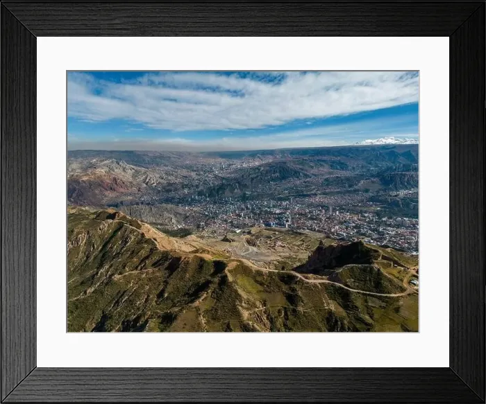 Framed Print : Aerial view from the impressive landmark Muela del Diablo over the mountains down into the valley with the cities La Framed Print : Aerial view from the impressive landmark Muela del Diablo over the mountains down into the valley with the cities La