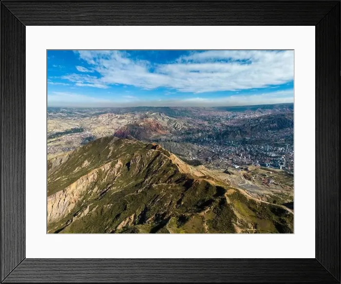 Framed Print : Aerial view from the impressive landmark Muela del Diablo over the mountains down into the valley with the cities La Framed Print : Aerial view from the impressive landmark Muela del Diablo over the mountains down into the valley with the cities La