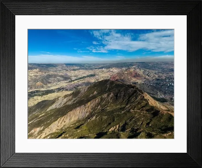 Framed Print : Aerial view from the impressive landmark Muela del Diablo over the mountains down into the valley with the cities La Framed Print : Aerial view from the impressive landmark Muela del Diablo over the mountains down into the valley with the cities La