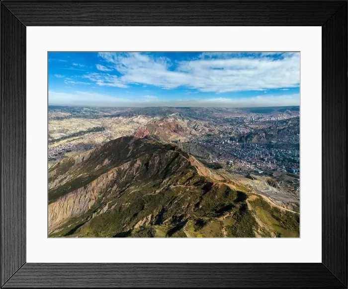 Framed Print : Aerial view from the impressive landmark Muela del Diablo over the mountains down into the valley with the cities La Framed Print : Aerial view from the impressive landmark Muela del Diablo over the mountains down into the valley with the cities La