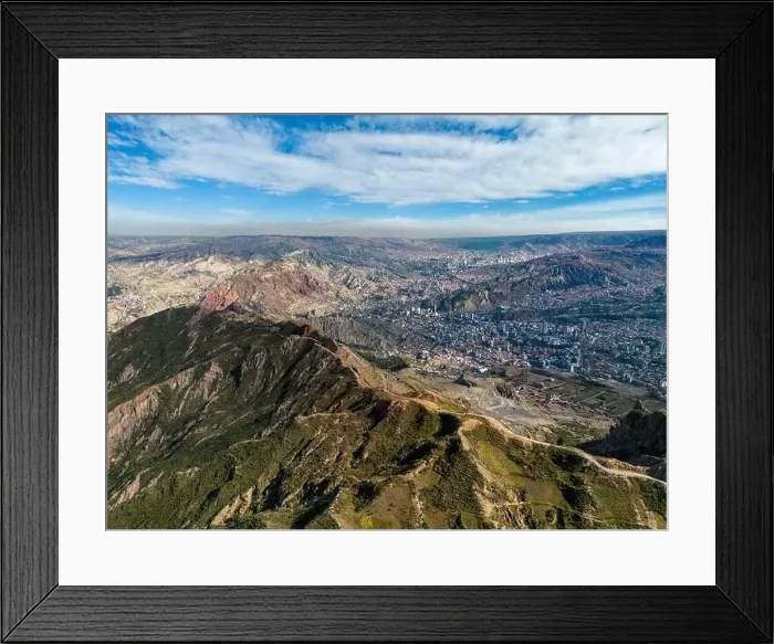 Framed Print : Aerial view from the impressive landmark Muela del Diablo over the mountains down into the valley with the cities La Framed Print : Aerial view from the impressive landmark Muela del Diablo over the mountains down into the valley with the cities La