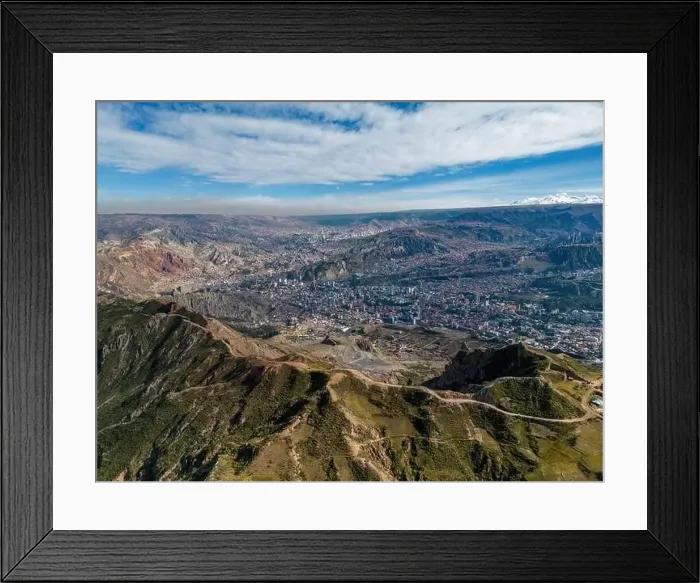 Framed Print : Aerial view from the impressive landmark Muela del Diablo over the mountains down into the valley with the cities La Framed Print : Aerial view from the impressive landmark Muela del Diablo over the mountains down into the valley with the cities La