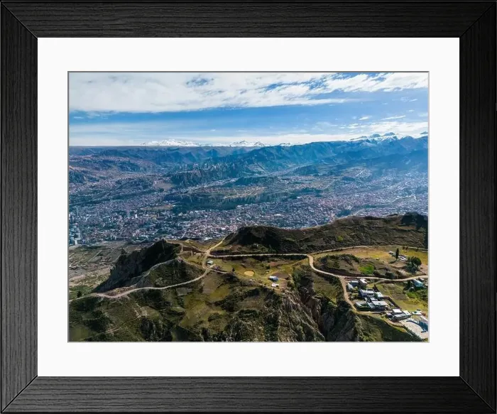 Framed Print : Aerial view from the impressive landmark Muela del Diablo over the mountains down into the valley with the cities La Framed Print : Aerial view from the impressive landmark Muela del Diablo over the mountains down into the valley with the cities La