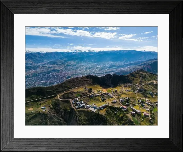 Framed Print : Aerial view from the impressive landmark Muela del Diablo over the mountains down into the valley with the cities La Framed Print : Aerial view from the impressive landmark Muela del Diablo over the mountains down into the valley with the cities La