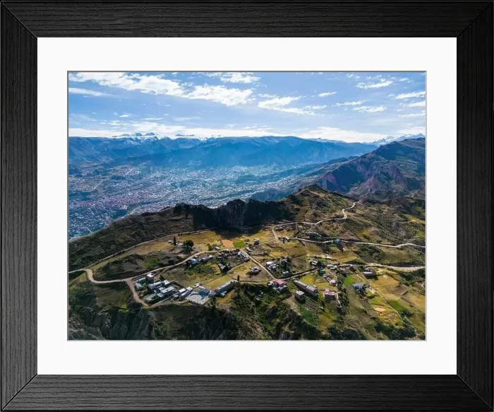 Framed Print : Aerial view from the impressive landmark Muela del Diablo over the mountains down into the valley with the cities La Framed Print : Aerial view from the impressive landmark Muela del Diablo over the mountains down into the valley with the cities La