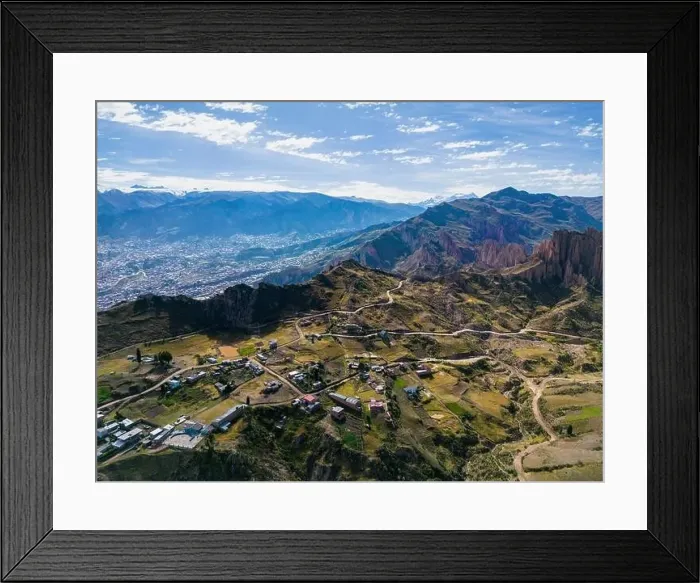 Framed Print : Aerial view from the impressive landmark Muela del Diablo over the mountains down into the valley with the cities La Framed Print : Aerial view from the impressive landmark Muela del Diablo over the mountains down into the valley with the cities La