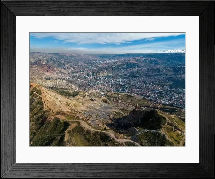 Framed Print : Aerial view from the impressive landmark Muela del Diablo over the mountains down into the valley with the cities La Framed Print : Aerial view from the impressive landmark Muela del Diablo over the mountains down into the valley with the cities La