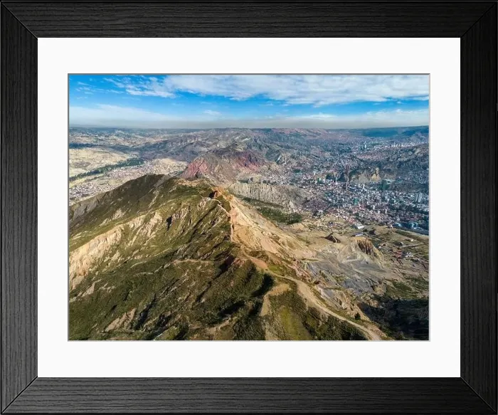 Framed Print : Aerial view from the impressive landmark Muela del Diablo over the mountains down into the valley with the cities La Framed Print : Aerial view from the impressive landmark Muela del Diablo over the mountains down into the valley with the cities La
