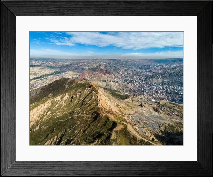 Framed Print : Aerial view from the impressive landmark Muela del Diablo over the mountains down into the valley with the cities La Framed Print : Aerial view from the impressive landmark Muela del Diablo over the mountains down into the valley with the cities La