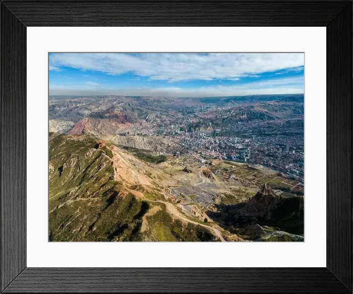 Framed Print : Aerial view from the impressive landmark Muela del Diablo over the mountains down into the valley with the cities La Framed Print : Aerial view from the impressive landmark Muela del Diablo over the mountains down into the valley with the cities La