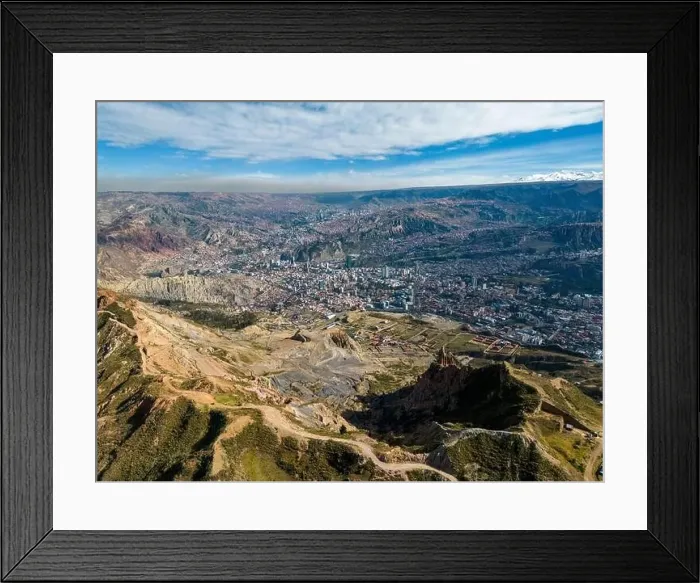 Framed Print : Aerial view from the impressive landmark Muela del Diablo over the mountains down into the valley with the cities La Framed Print : Aerial view from the impressive landmark Muela del Diablo over the mountains down into the valley with the cities La