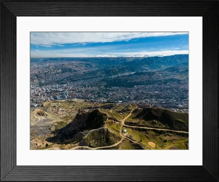 Framed Print : Aerial view from the impressive landmark Muela del Diablo over the mountains down into the valley with the cities La Framed Print : Aerial view from the impressive landmark Muela del Diablo over the mountains down into the valley with the cities La