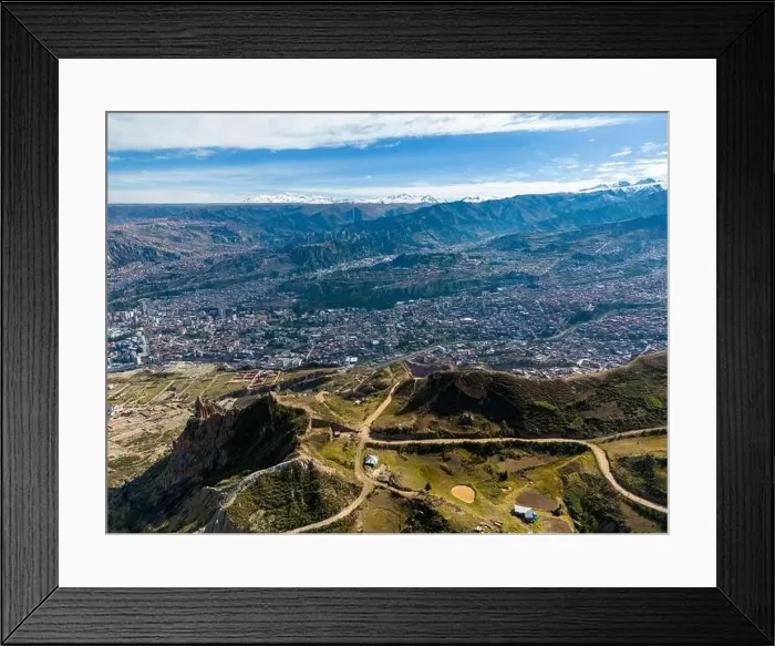 Framed Print : Aerial view from the impressive landmark Muela del Diablo over the mountains down into the valley with the cities La Framed Print : Aerial view from the impressive landmark Muela del Diablo over the mountains down into the valley with the cities La