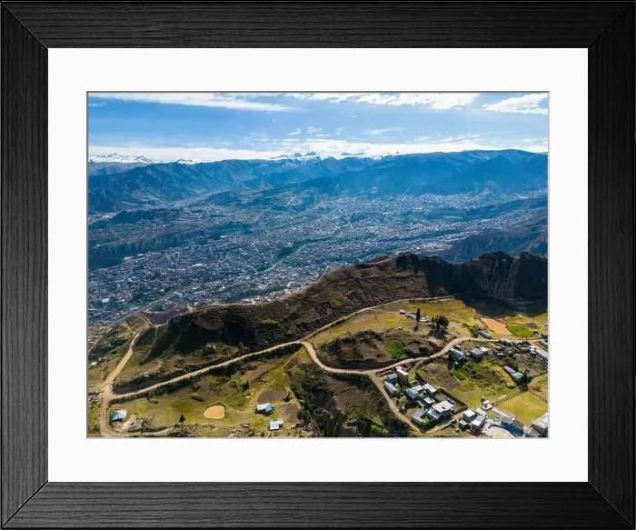 Framed Print : Aerial view from the impressive landmark Muela del Diablo over the mountains down into the valley with the cities La Framed Print : Aerial view from the impressive landmark Muela del Diablo over the mountains down into the valley with the cities La