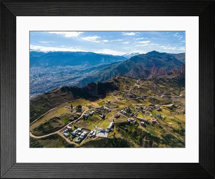 Framed Print : Aerial view from the impressive landmark Muela del Diablo over the mountains down into the valley with the cities La Framed Print : Aerial view from the impressive landmark Muela del Diablo over the mountains down into the valley with the cities La