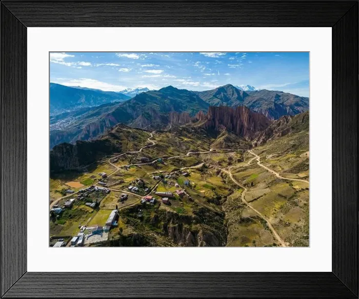 Framed Print : Aerial view from the impressive landmark Muela del Diablo over the mountains down into the valley with the cities La Framed Print : Aerial view from the impressive landmark Muela del Diablo over the mountains down into the valley with the cities La