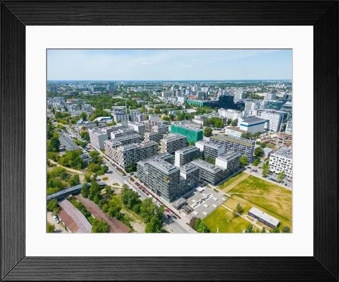 Framed Print : Modern City high rise skyscraper buildings. Aerial drone view of the Financial District Warsaw Daytime Framed Print : Modern City high rise skyscraper buildings. Aerial drone view of the Financial District Warsaw Daytime
