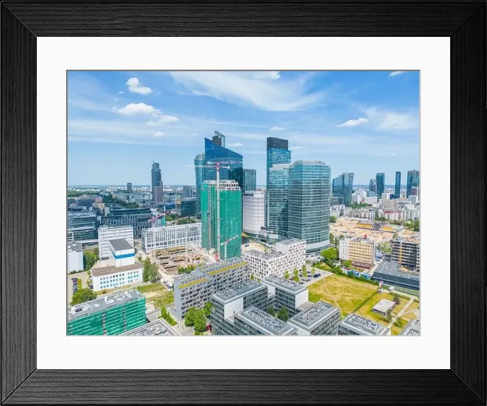 Framed Print : Modern City high rise skyscraper buildings. Aerial drone view of the Financial District Warsaw Daytime Framed Print : Modern City high rise skyscraper buildings. Aerial drone view of the Financial District Warsaw Daytime