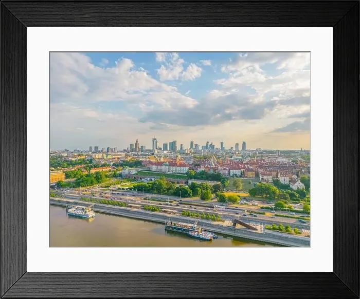 Framed Print : Aerial panorama of Warsaw, Poland over the Vistual river and City center in a distance Old town