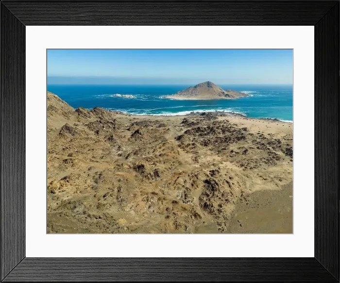 Framed Print : Aerial view of Isla Pan de Azúcar in the National Park Pan de Azúcar at the coast of the Atacama desert in Chile Framed Print : Aerial view of Isla Pan de Azúcar in the National Park Pan de Azúcar at the coast of the Atacama desert in Chile