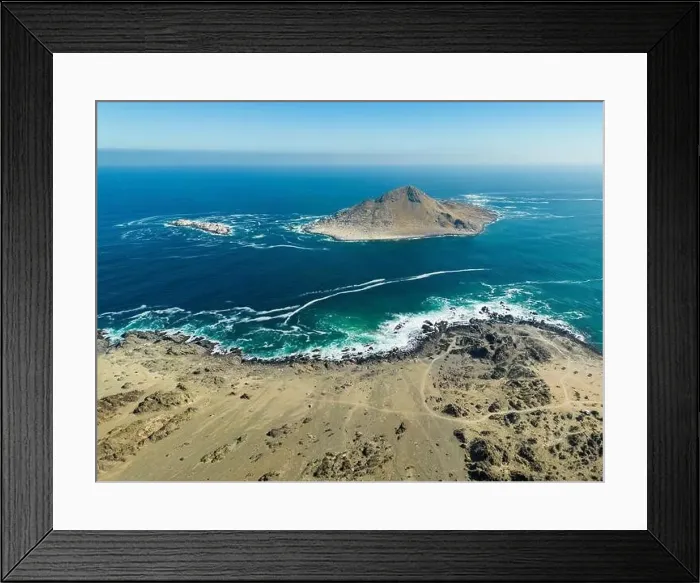 Framed Print : Aerial view of Isla Pan de Azúcar in the National Park Pan de Azúcar at the coast of the Atacama desert in Chile Framed Print : Aerial view of Isla Pan de Azúcar in the National Park Pan de Azúcar at the coast of the Atacama desert in Chile