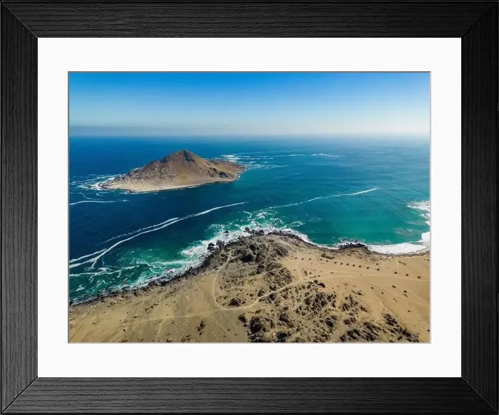 Framed Print : Aerial view of Isla Pan de Azúcar in the National Park Pan de Azúcar at the coast of the Atacama desert in Chile Framed Print : Aerial view of Isla Pan de Azúcar in the National Park Pan de Azúcar at the coast of the Atacama desert in Chile